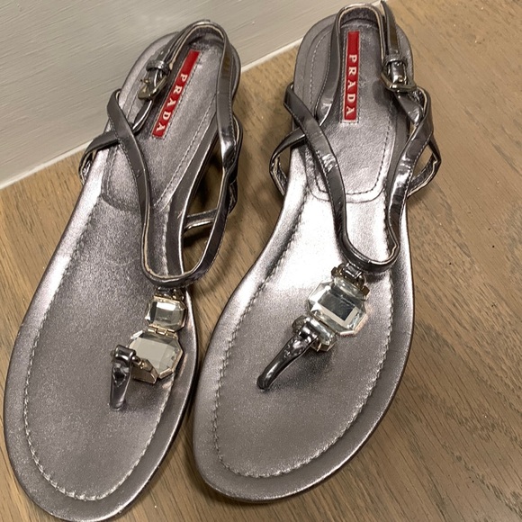 Authentic women’s Prada silver/metallic  wedge sandal. - Picture 1 of 5